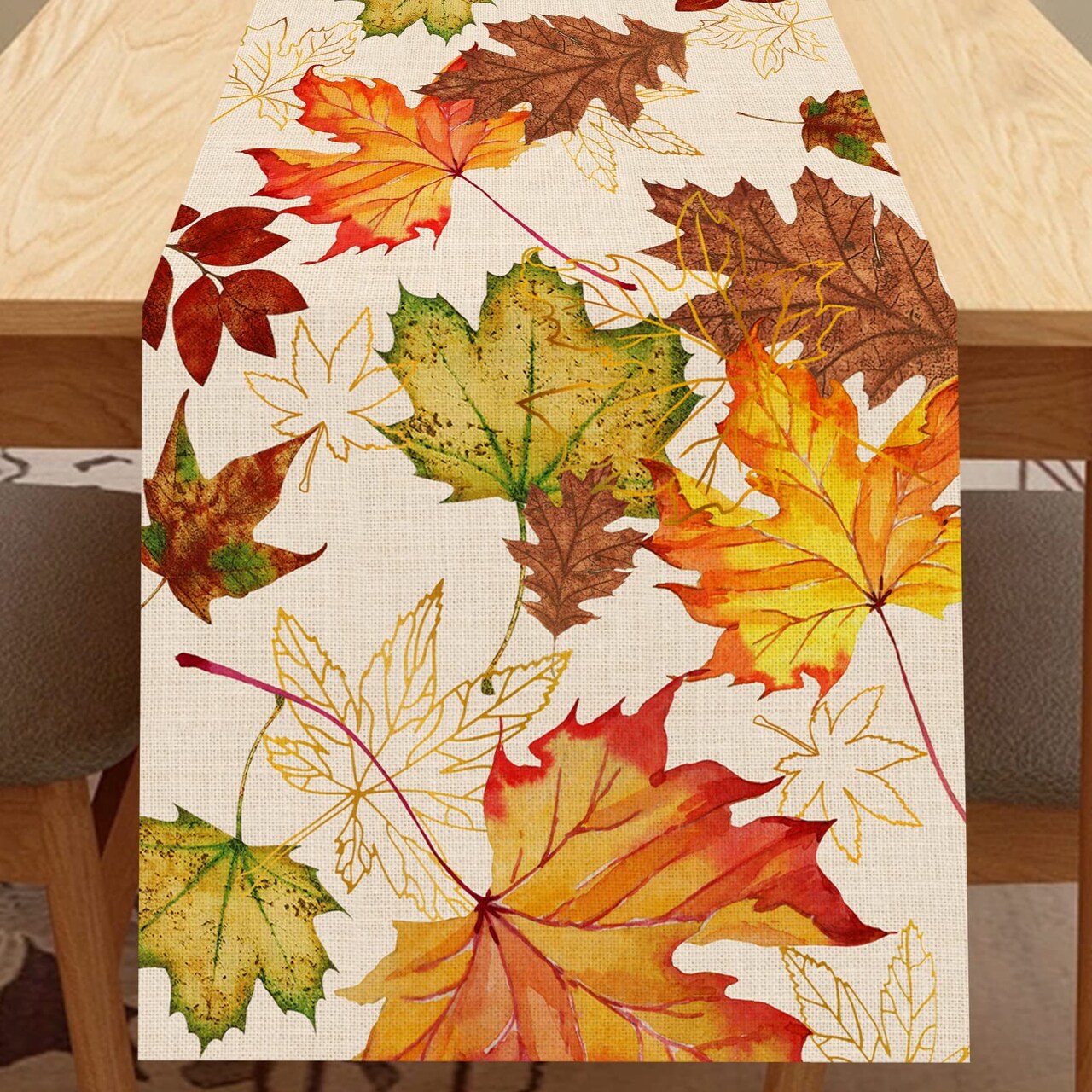 Fall Maple Leaves Table Runner, Thanksgiving Watercolor Plant Yellow Leaf Home Kitchen Decor, Autumn Harvest Seasonal Colorful Botanical Farmhouse Burlap Dining Decoration Party Supply 13 x 72